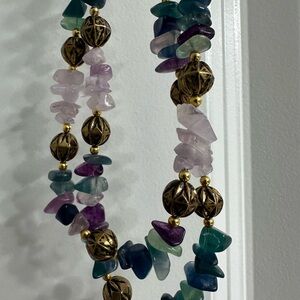 Double Strand Quartz Necklace, pink & Green Stones with Gold tone Accents